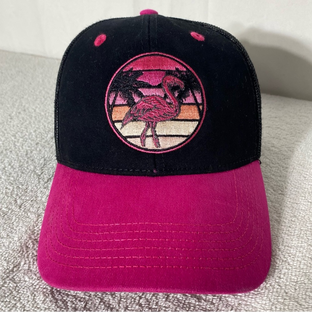 Vintage Easter Island Mercantile Black and Pink Embroidered Flamingo Cap Hat